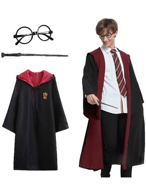 Harry Potter Gryffindor Kapişonlu Çocuk Kostüm + Asa + Gözlük Seti 9-10 Yaş