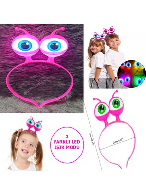 LED Işıklı &amp; Pilli 3 Farklı Modda Yanan Uzaylı Göz Parti Tacı Pembe Renk 18X12 cm