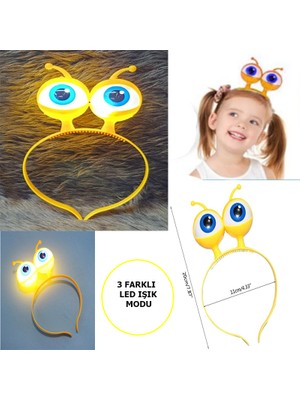 LED Işıklı &amp; Pilli 3 Farklı Modda Yanan Uzaylı Göz Parti Tacı Sarı Renk 18X12 cm