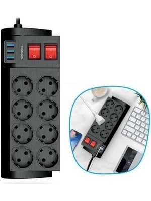 Isıya Dayanıklı Termal Akım Korumalı 2 Metre 16A 4000W 8li Priz ve 3 USB Li Uzatma Kablosu