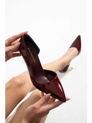 Orpny Bordo Rugan Kadın Stiletto Altın 9cm Topuklu Kadın Topuklu Ayakkabı