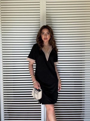 Defy Moda Kadın V Yaka Güpürlü Iki Iplik Elbise