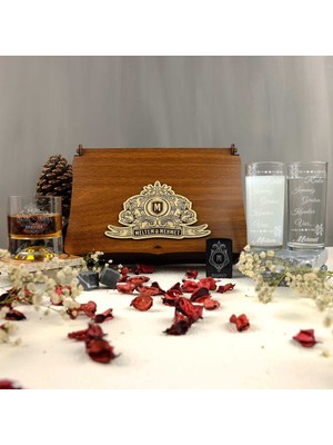 Ahşap Kutulu Isim & Söz Yazılı Rakı & Çakmak & Taşlı Viski Kadehi Seti