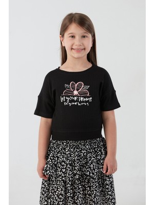 Fitilli Yazı Baskılı Likralı Kız Çocuk Tişört