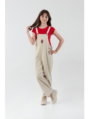 %100 Pamuk Ayıcık Nakışlı Cep Detaylı Kız Çocuk Tulum