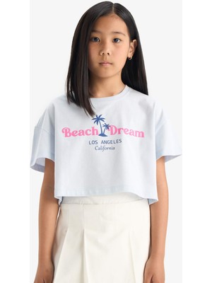 DeFacto Crop Bisiklet Yaka Baskılı Kısa Kollu Tişört Kız Çocuk E0385A825SM