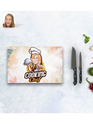 Kişiye Özel Kadın Chef Karikatürlü Cam Kesme ve Sunum Tablası 20X30CM Model 15
