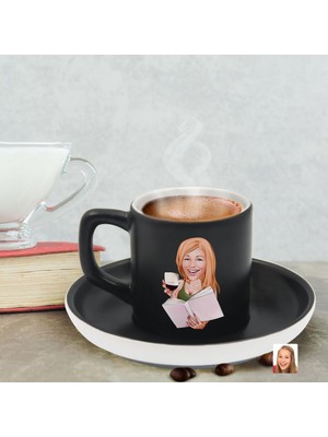 Bk Gift Kişiye Özel Kadın Karikatürlü Siyah Renk Türk Kahvesi FINCANI-100, Arkadaşa Hediye, Aileye Hediye, Yıl Dönümü Hediyesi