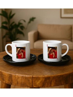 Bk Gift Kişiye Özel Aşkımızın Ası Fotoğraflı Iskambil Tasarımlı 2'li Siyah Tabaklı Türk Kahvesi Fincan Takımı-2, Sevgiliye Hediye, Arkadaşa Hediye, Eşe Hediye