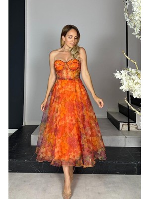 G1429 Tasarım Şifon Elbise Turuncu
