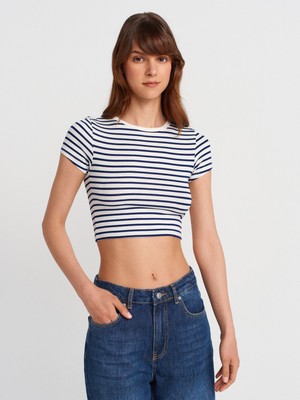 31889 Çizgili Crop Top-Ekru-Laci