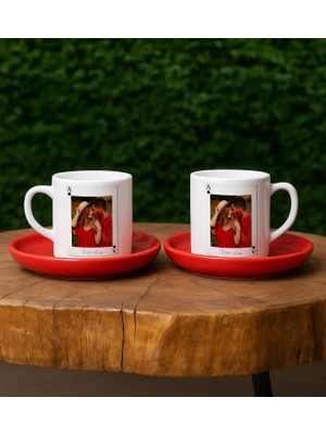 Bk Gift Kişiye Özel Aşkımızın Ası Fotoğraflı Iskambil Tasarımlı 2'li Kırmızı Tabaklı Türk Kahvesi Fincan Takımı-3, Sevgiliye Hediye, Arkadaşa Hediye, Eşe Hediye