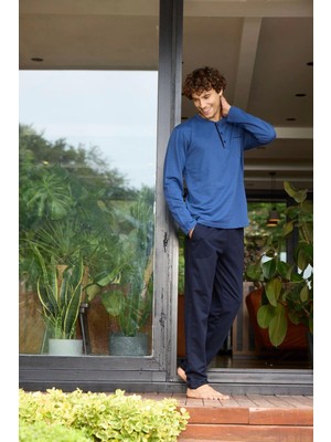 Erkek 9133 Erkek  Midi Yaka Uzun Kollu Pijama Takımı
