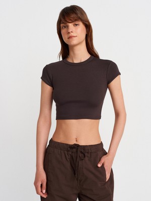 31810 Bisiklet Yaka Crop T-Shirt-Koyu Kahve