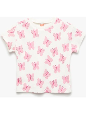 Koton Kelebek Baskılı Kısa Kollu Bisiklet Yaka Pamuklu Tişört