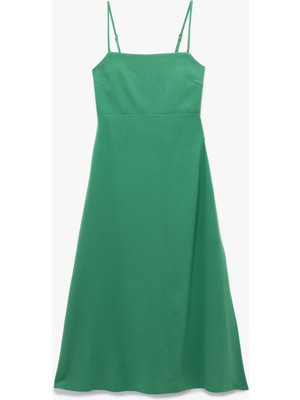 Koton Viskon Keten Karışımlı Kumaş Kolsuz Sırt Dekolteli Midi Boy Ince Askılı Elbise