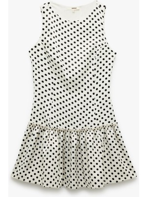 Koton Viskon Kumaş Kolsuz Bisiklet Yaka Fırfırlı Mini Puantiyeli Elbise