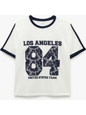 Koton Kısa Kollu Bisiklet Yaka Çizgili Rahat Kalıp Baskılı Spor Tişört