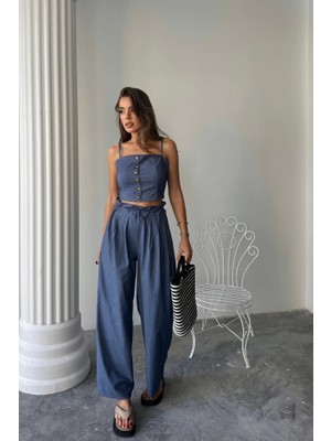 Defy Moda Tencel Crop Askılı Bluz - Şalvar Pantolon Tk - Indigo