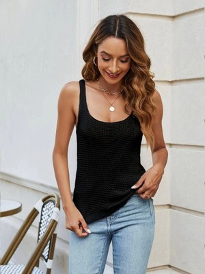 Defy Moda Kadın Kolsuz U Yaka Askılı Triko Bluz