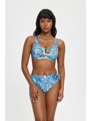 Lourenmavi Desenli Aksesuar Detaylı Telli Toparlayıcı Kalın Kenarlı Bikini Takımı