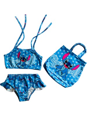 Kız Çocuk Stitch Desenli Çantalı Bikini Takımı