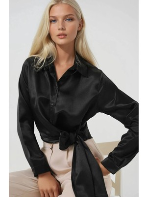 Kadın Siyah Bağlama Detaylı Saten Yüzeyli Gömlek HZL25S-BD1202871