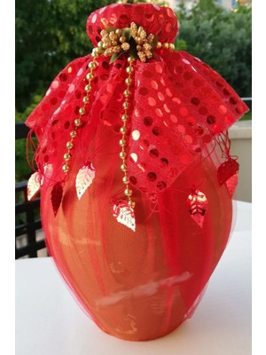 Özel Dekoratif Kırmızı Tüllü Süslü Gelin Kına Testisi