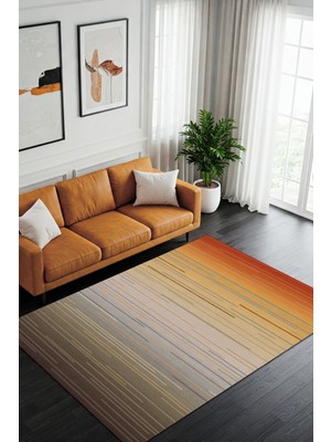 The Reef Design Çizgili Modern Desenli Kahverengi Turuncu Halı Dijital Baskılı Kaymaz Tabanlı Yıkanabilir  Yatak Odası Halısı