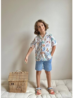 Erkek Çocuk Yaprak Desenli Muslin Şortlu Gömlekli Pamuk Takım