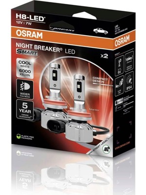 Osram H8 Night Breaker Led, Yasal Onaylı 12V 7W, 6000K Soğuk Beyaz, Geniş Sis Farı Işını, 2'li Paket