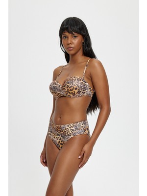 Louren Leopar Desenli Çıkarılabilir Askılı Boş Kaplı Kalın Kenarlı Straplez Bikini Takımı