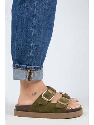 Irene Platform Deri Kadın Terlik Haki