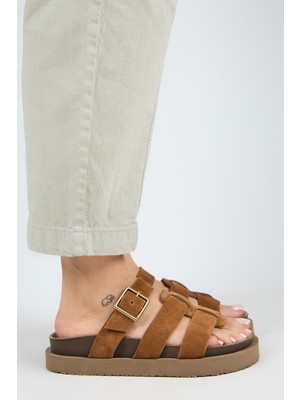 Luno Platform Deri Kadın Terlik Taba