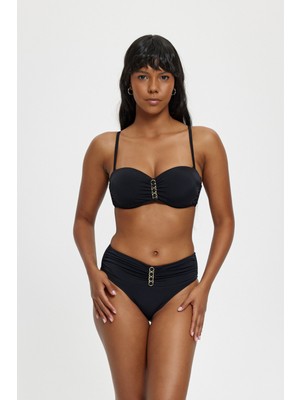 Louren Düz Renk Zincir Detaylı Çıkarılabilir Askılı Telli Boş Kaplı Kalın Kenarlı Straplez Bikini Takımı