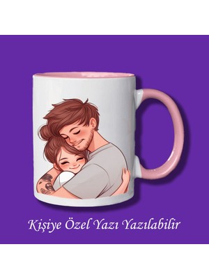 Sevgili ve Eşlere Özel Sarılan Sevgili Tasarımlı Isim ve Yazı Yazılabilir Renkli Kupa Bardak