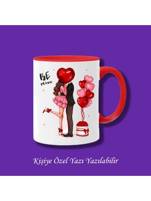Sevgili ve Çiftlere Özel Be Mine Yazılı Sarılan Çift Tasarımlı Isim Yazılabilir Kupa Bardak Modeli