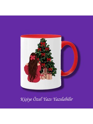 Kişiye ve Isme Özel Yılbaşı Tasarımlı Çam Ağacı ve Oturan Kız Kupa Bardak