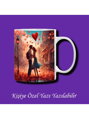 Sevgili ve Çiftlere Özel Sokakta Sarılan Çiftler Tasarımlı Isim Yazı Yazılabilir Kupa Bardak