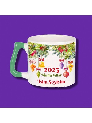 Kişiye Özel Yılbaşı Tasarımlı Yeşil Kulplu Hediyelik Kupa Bardak