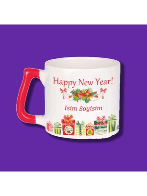 Kişiye Özel Yılbaşı Tasarımlı Kırmızı Kulplu Hediyelik Kupa Bardak