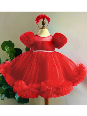 Melek Golden Kız Çocuk Abiye Düğün Elbisesi Kırmızı Katmanlı Slim Silüet Özel Olay İçin Şık Tasarım