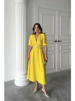 La Mode Istanbul Sarı Işıltılı Kemerli Kruvaze Elbise