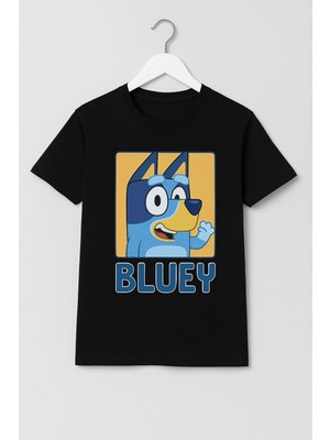 Bluey Baskılı Çocuk Unisex Kısa Kol T-Shirt Siyah-Beyaz