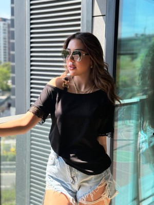 Aisha Elbise Kadın Tek Omuzu Askılı Kısa Kollu Toka Detaylı Dantelli Viskon Bluz