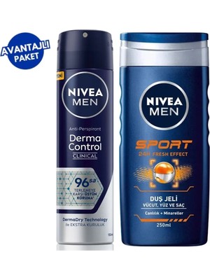 Nivea Men Derma Control Clinical Erkek Sprey Deodorant 150ML & Men Sport Duş Jeli 250 ml
