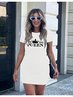 Ag Shoppings Kadın Kısa Kollu Queen Baskı Iki Iplik Mini Elbise