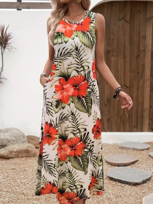 Gökyüzü Moda Kadın Askılı Yuvarlak Yaka Cepli Desenli Süprem Elbise