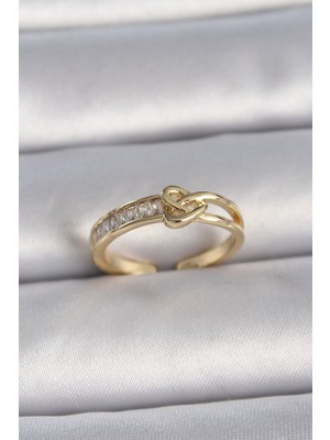 Pirinç Gold Renk Ayarlanabilir Zirkon Taşlı Düğüm Kalp Model Kadın Yüzük