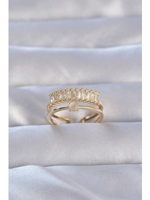 Pirinç Gold Renk Zirkon Taşlı Baget Su Yolu Model Ayarlanabilir Yüzük